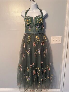 Boho Sage Green Floral Embroidered Tulle Midi Dress